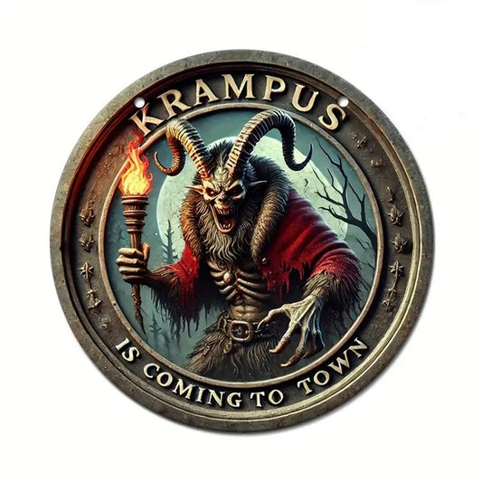 "Krampus is Coming to Town" Round Metal Sign B