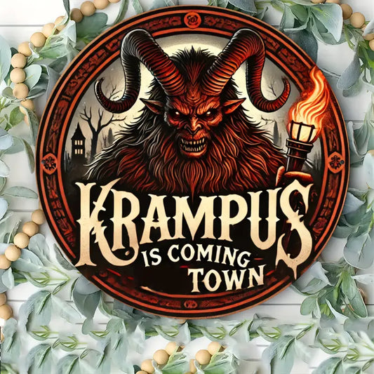 "Krampus is Coming to Town" Round Metal Sign